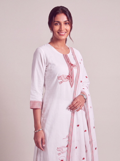 Crimson Garden Cotton Jacquard Kurta Set