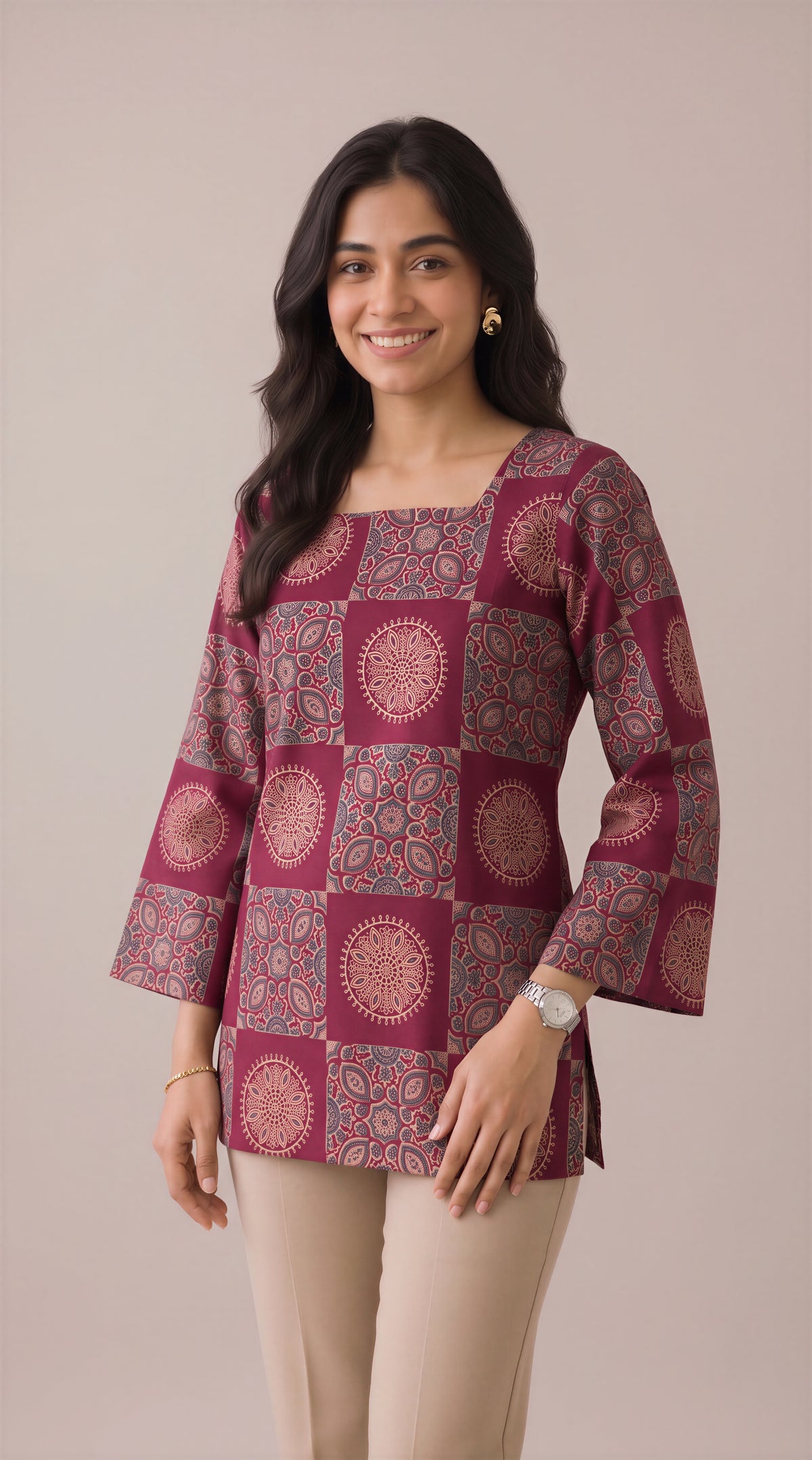 Maroon Mosaic Heer Short Top