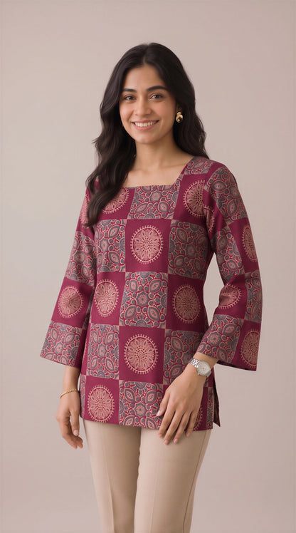 Maroon Mosaic Heer Short Top