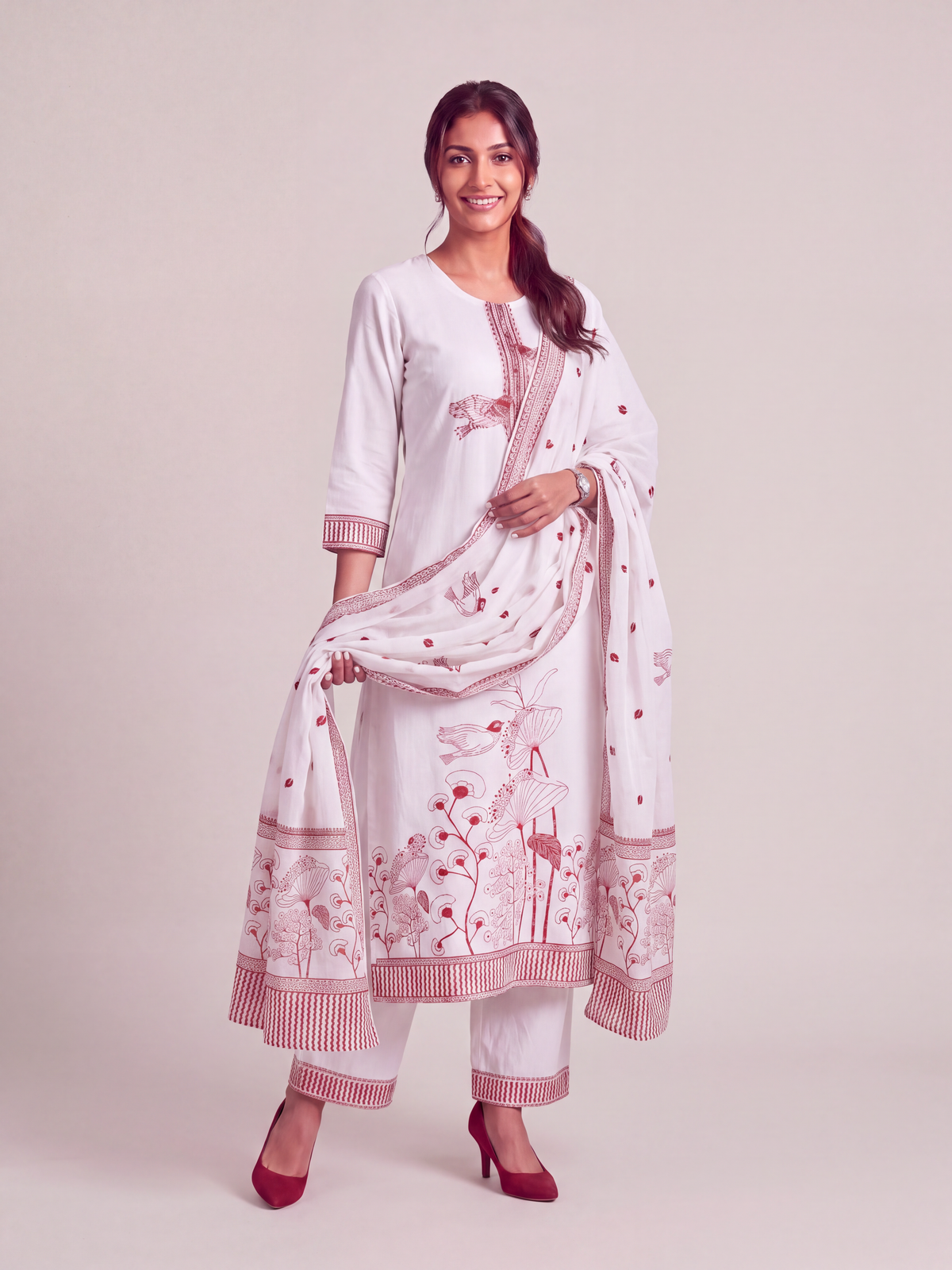 Crimson Garden Cotton Jacquard Kurta Set