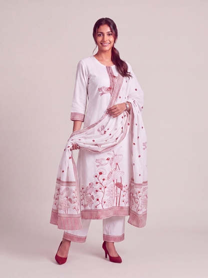 Crimson Garden Cotton Jacquard Kurta Set