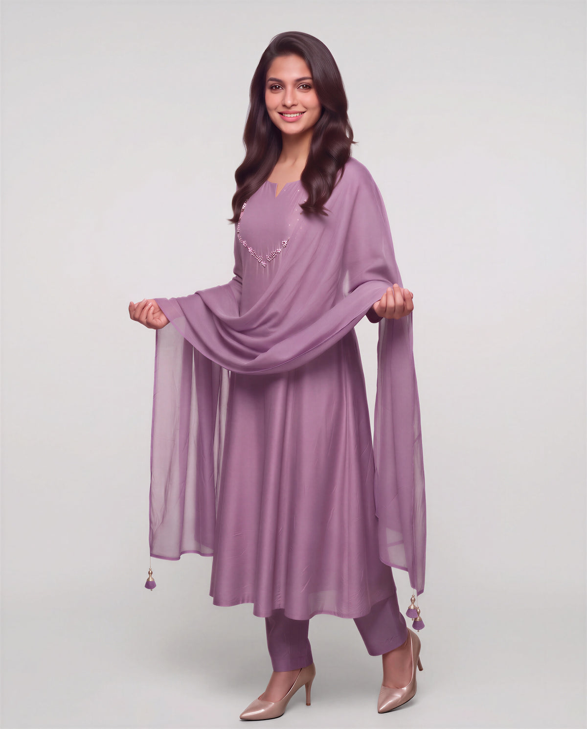 Mauve Embellished Kurta Set