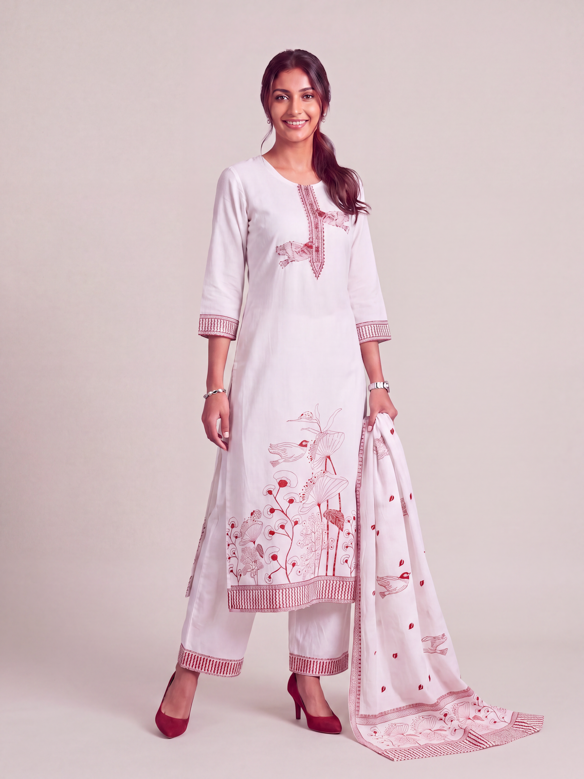 Crimson Garden Cotton Jacquard Kurta Set