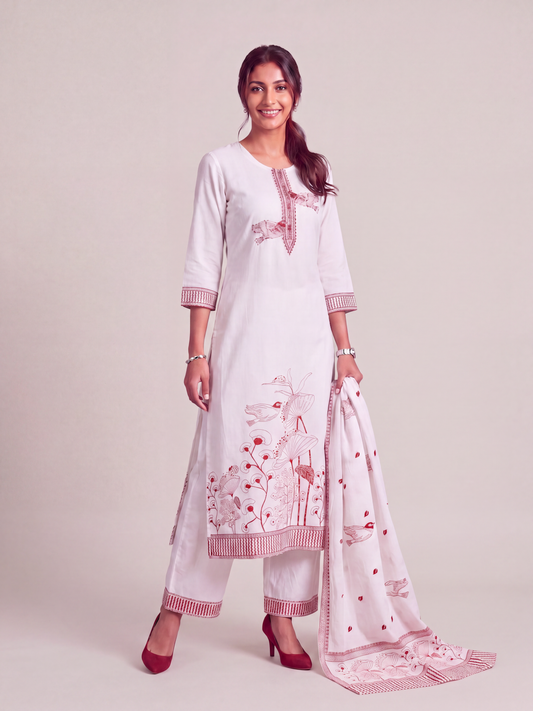 Crimson Garden Cotton Jacquard Kurta Set