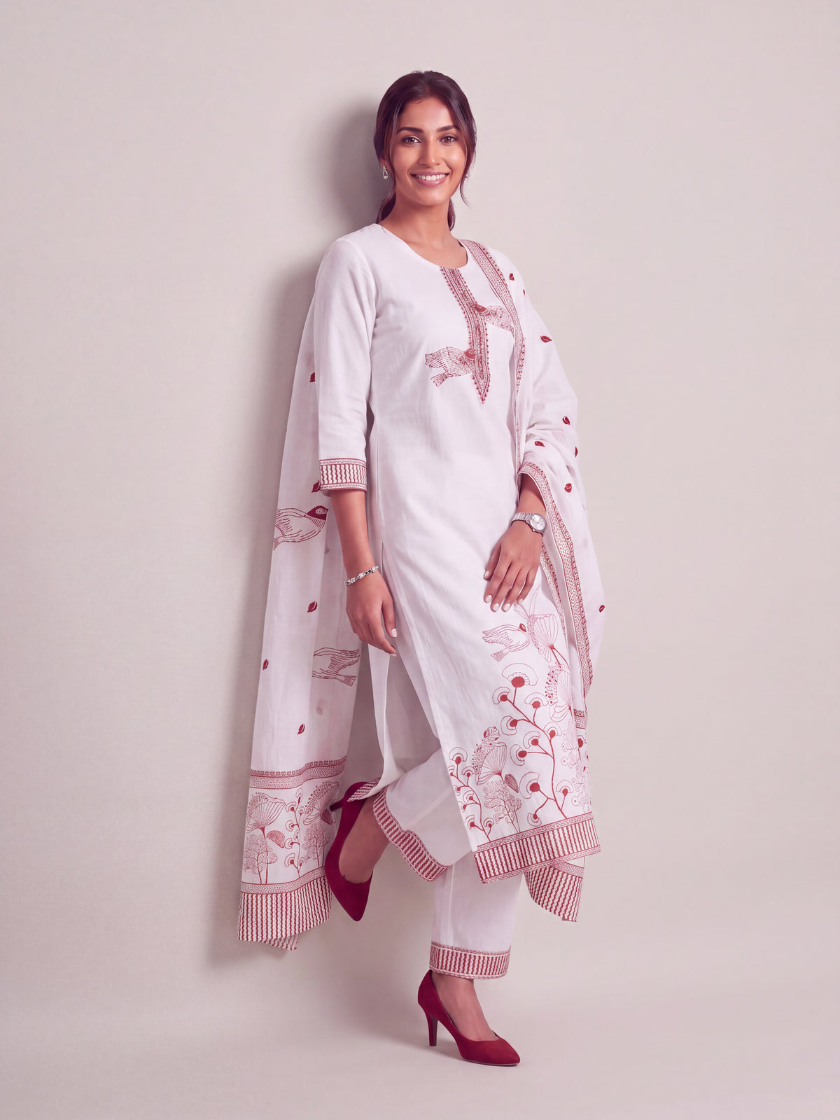Crimson Garden Cotton Jacquard Kurta Set