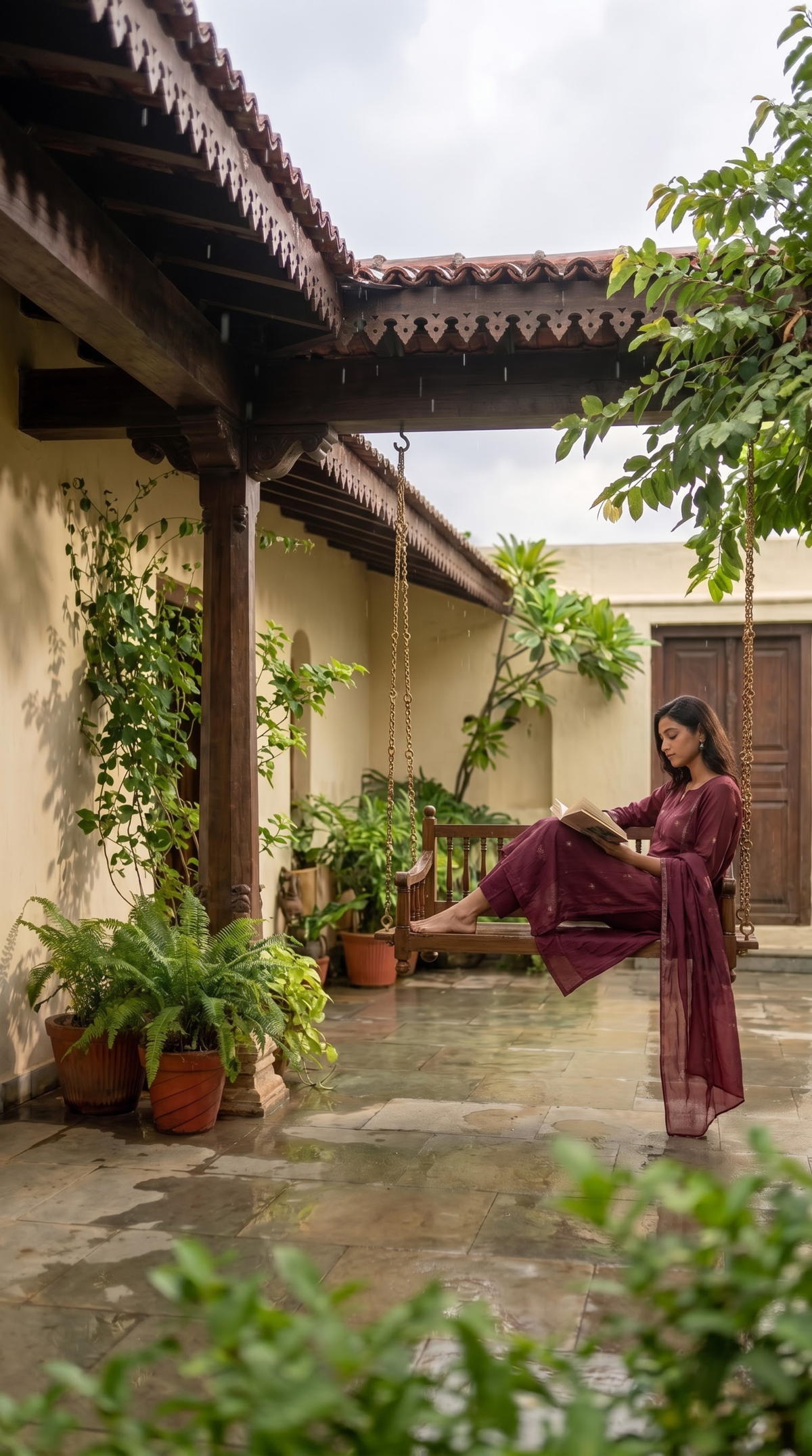 Woman wearing an elegant Tifera kurta set in a contemporary lifestyle setting