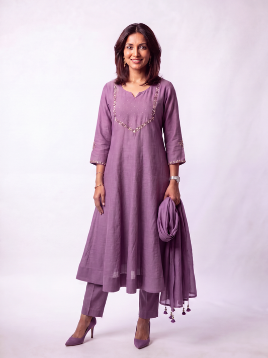 Mauve Embellished Kurta Set