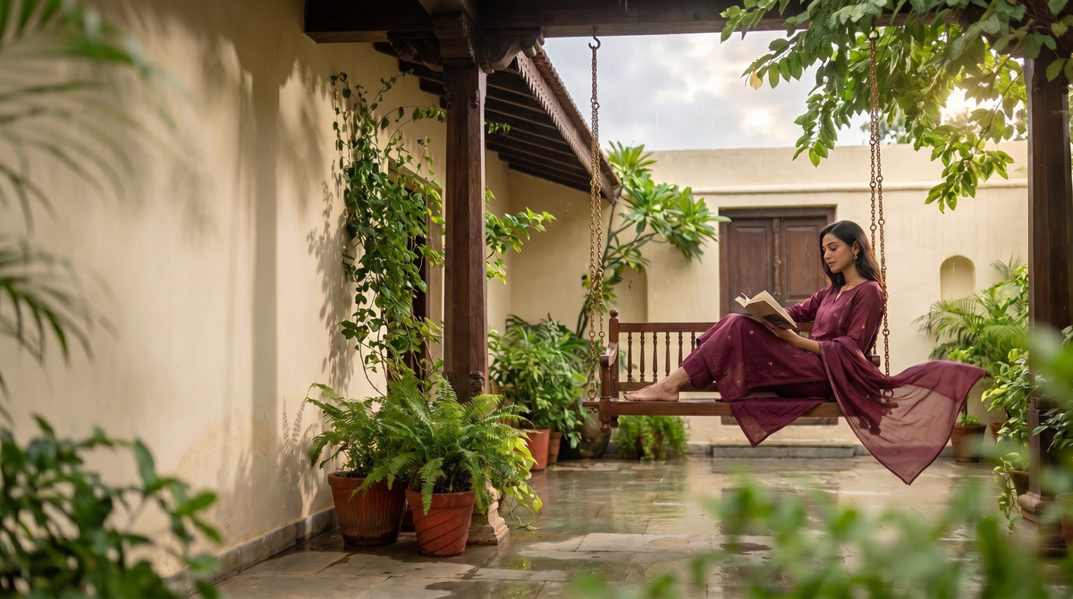 Woman wearing an elegant Tifera kurta set in a contemporary lifestyle setting