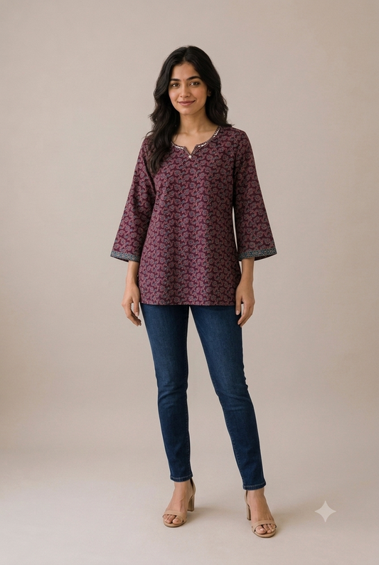 Wine Ajrakh Short Top